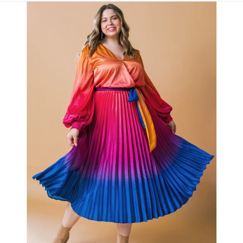 Ombré Pleated Midi Dress (A line with long sleeves), bright and bold!